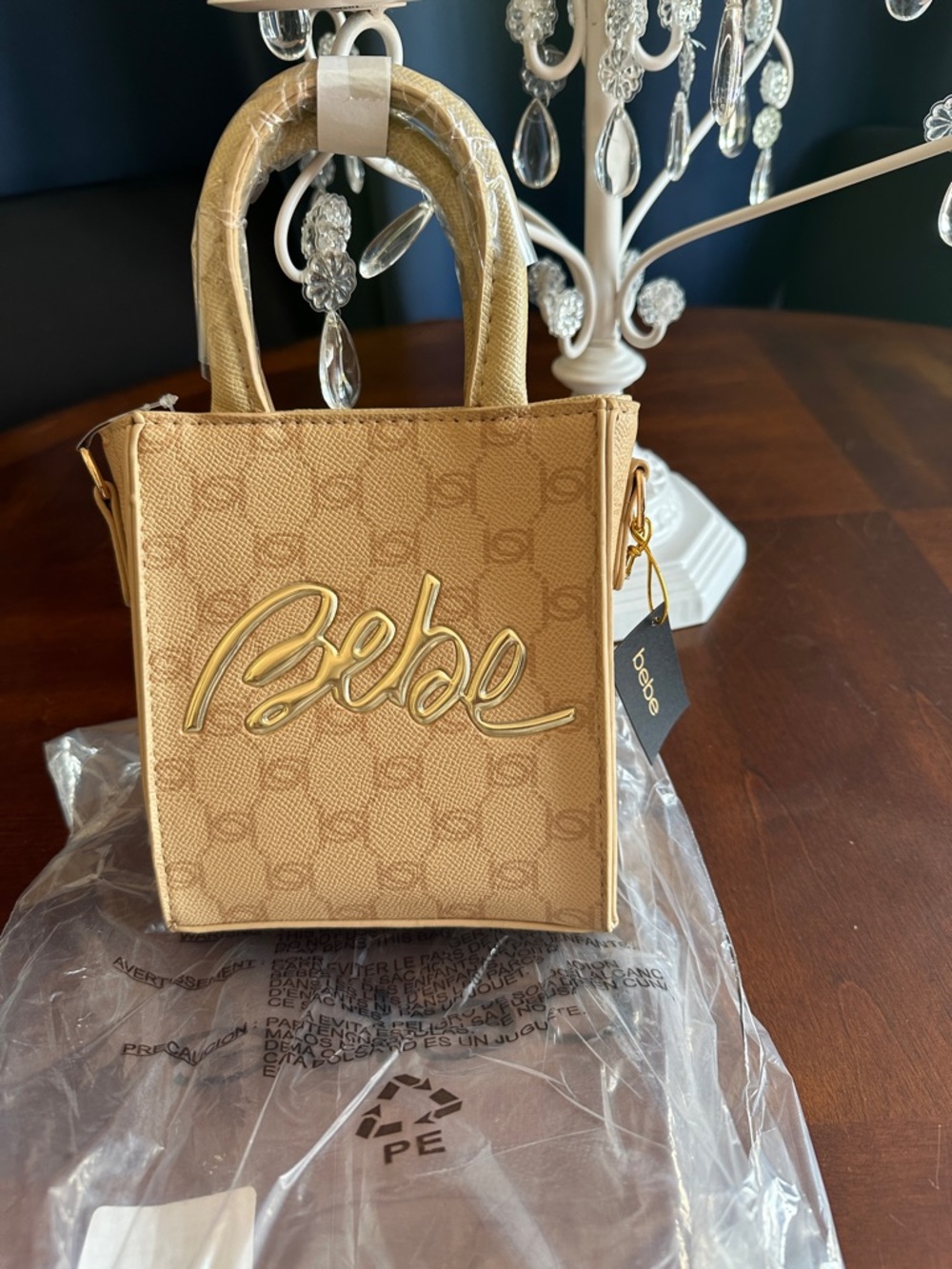 bebe Tan Mini Tote with Gold Script Logo Accent